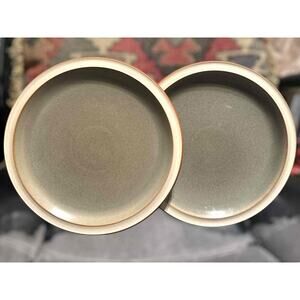 Vintage Denby England Set 2 Stoneware Dinner Plates Gray Green Oatmeal Rim MCM